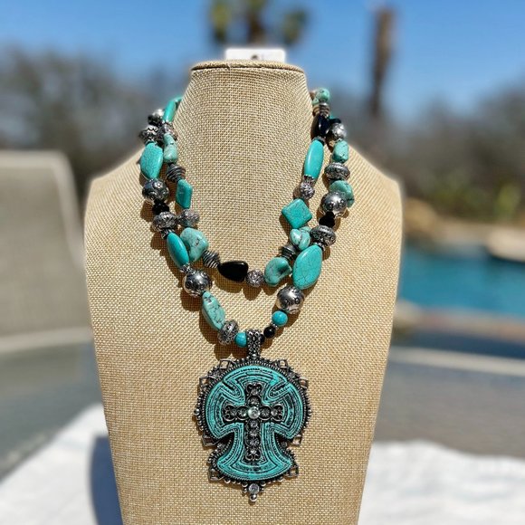 Cross Necklace Multi Strand Statement Set Huge Turquoise Howlite Handmade - Picture 5 of 8